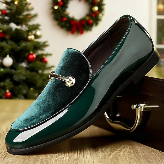 Loafers Green Loops Leather Decorative with Faux Gold Men's