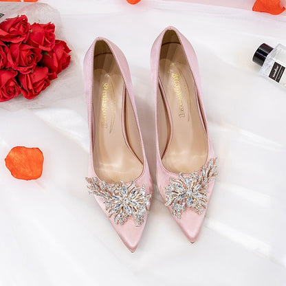 Rhinestone Women's Elegant – Pink Satin High Heels