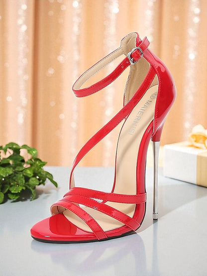 Strappy Heels Red High Stiletto - Women's PU Patent Sandals