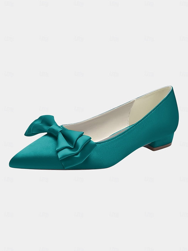 Pointed Women's Bow Toe - Elegant Green Flats Satin