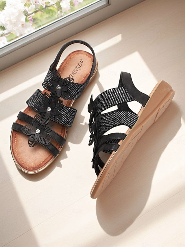 Elegant Women's Beige Floral Rhinestone – Flat Sandals