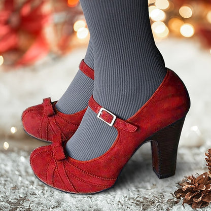 Bow and Women's Black Heels with Suede Detail Red Mary Jane