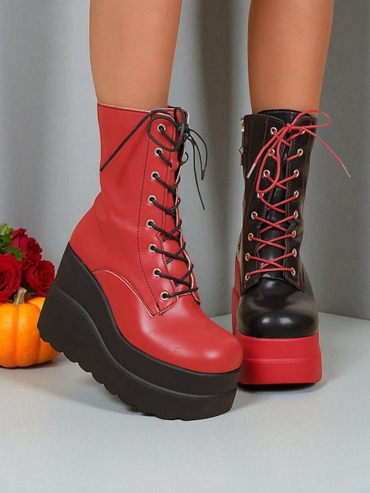 Red and Platform Bold Women's - Ankle Lace-Up Black Boots
