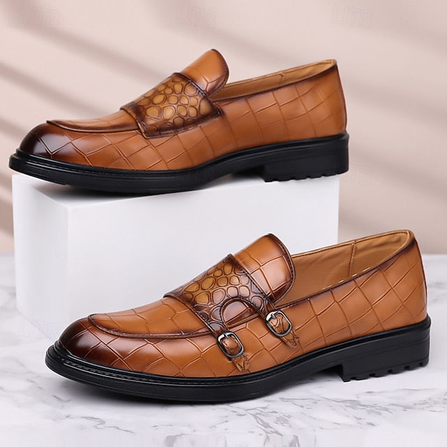 – with Crocodile Men's Brown Leather Pattern Faux Loafers
