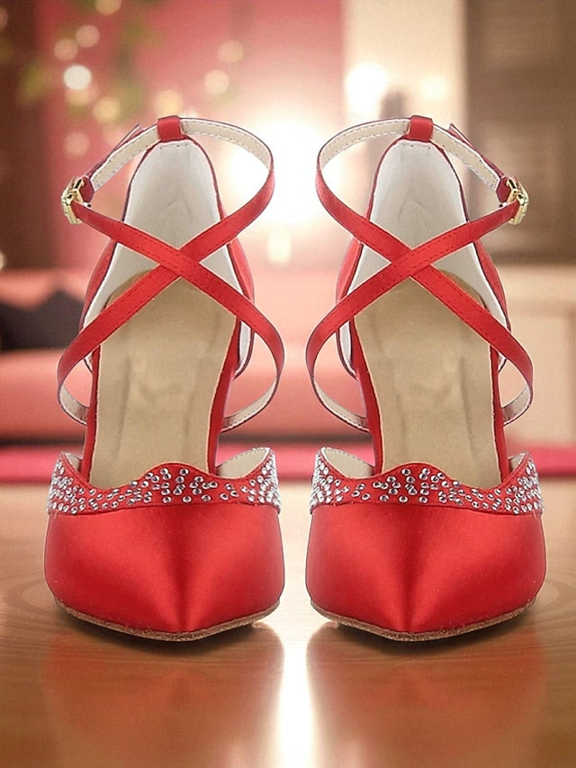 Dance Ballroom Shoes Satin Closed Women's Red Cross Toe -