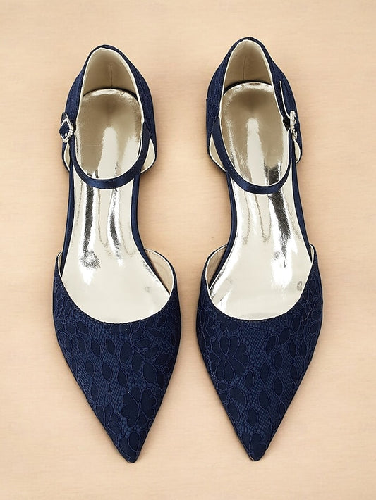Women's Flats with Pointed Ankle Strap Blue Lace Navy and