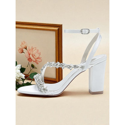 Heel Sandals Block Straps Women's - Rhinestone White with