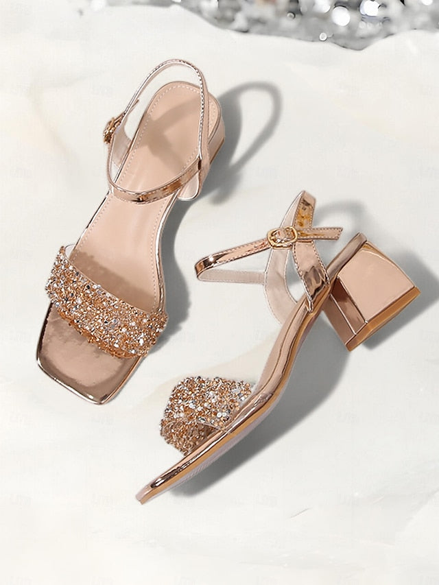 – for Gold Women Elegant Block Heel Wedding Rhinestone Sandals