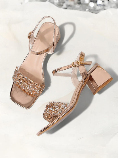 – Wedding Heel Women for Gold Sandals Rhinestone Block Elegant
