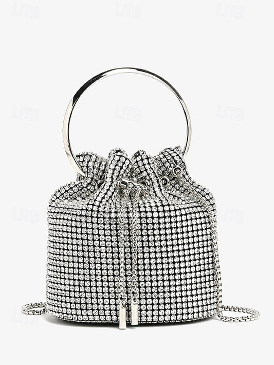 Bucket Bag Rhinestone Silver Metal Women's with Sparkling