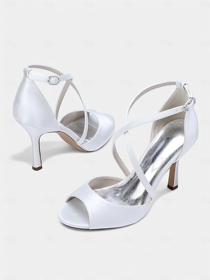 White Heels Peep-Toe Women's Elegant Satin – Cross-Strap