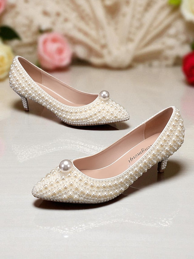 Pumps Heel Pearl-Embellished Matching Kitten and Women's