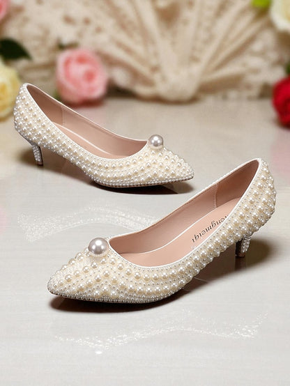 Pumps Heel Pearl-Embellished Matching Kitten and Women's
