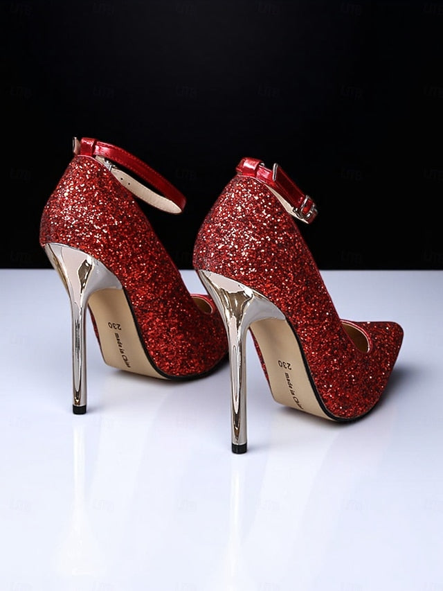 Women's Glitter Stiletto Toe Sparkly Pointed Gold Heels –