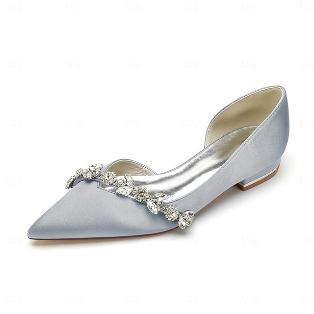 Shoes Pointed with Toe Crystal Wedding Satin Flat and White