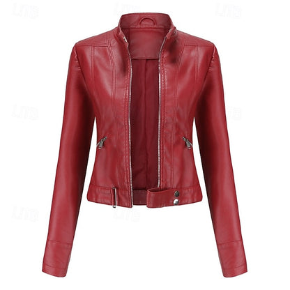 Women's Jacket Zipper Leather Faux Pocket Comfortable