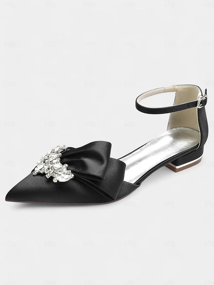 Ankle Bow Rhinestone Satin Pointed-Toe with Heels White and