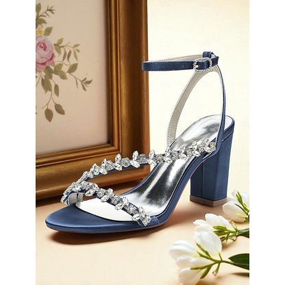 Heel Sandals Block Straps Women's - Rhinestone White with