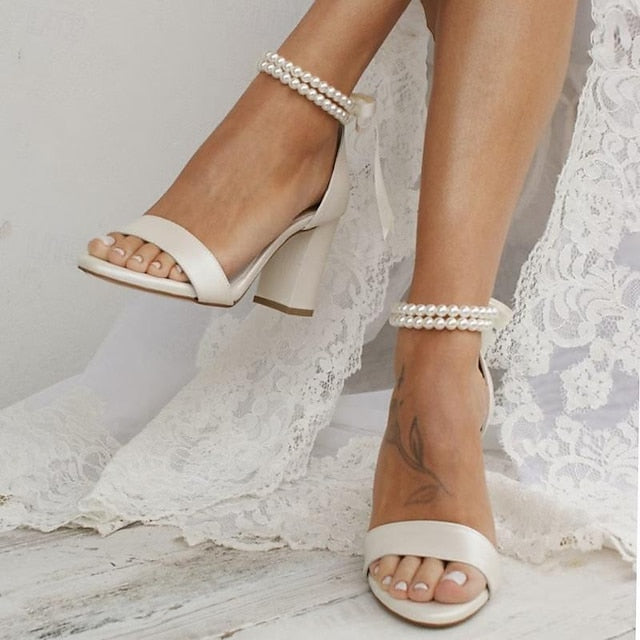Wedding Anklet and Heels - Sandals Pearl with White Satin Block