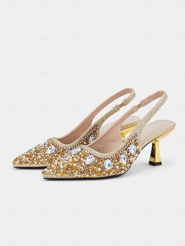 Rhinestone Gold Women's Pearl Slingback with Heels