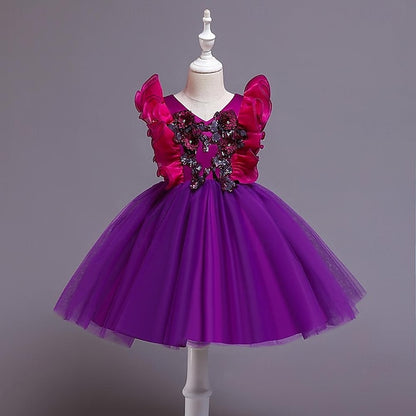 Party Color Flower Sequin Kids Solid Girls' Dress