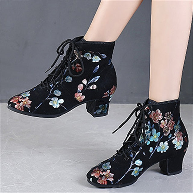 Floral for – Low Comfortable Shoes Lace-up Women Dance Black