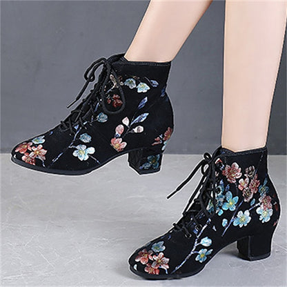 Floral for – Low Comfortable Shoes Lace-up Women Dance Black