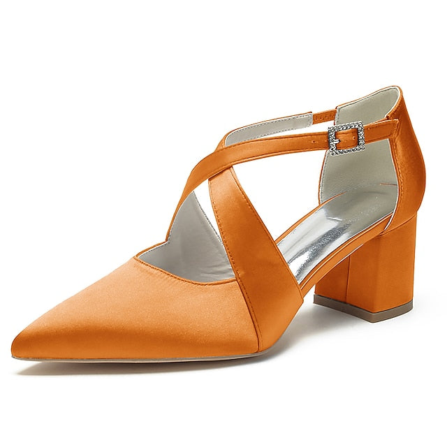 Heels Block Women's Toe White Pointed – Satin Elegant