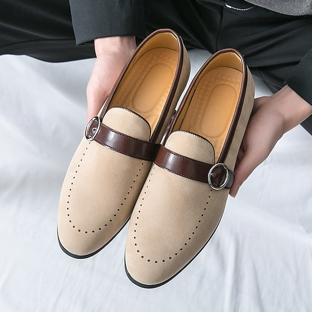 Strap Brown Men's Suede Slip-On Faux Loafers with Buckle