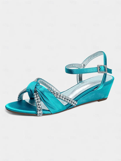 - Satin Green Rhinestone Wedge Sandals Knot Women's
