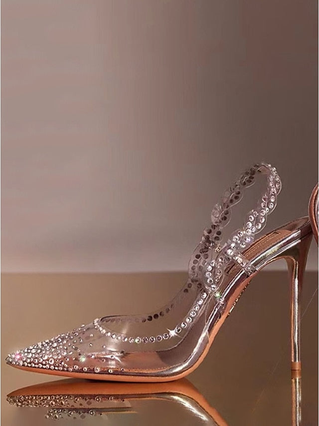Clear Slingback Heels Toe Pointed with Rhinestone Women's