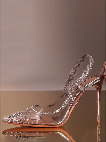 Rhinestone Heels Women's Toe Slingback Clear with Pointed