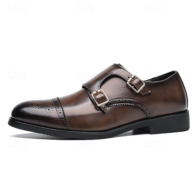 Monk Brown Double with Strap Shoes Men's Leather Faux