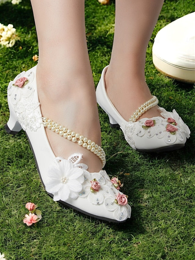 Floral Bridal for Strap White Pearl Low Shoes Embellished Heel