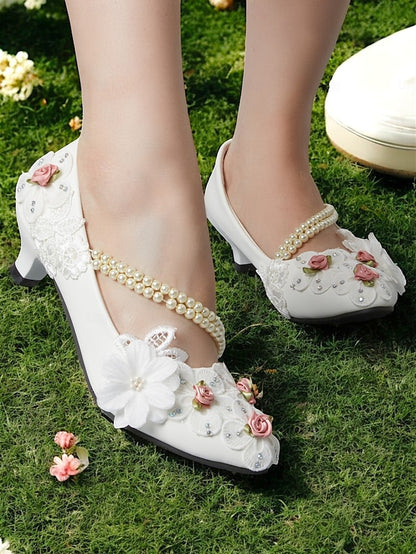 White Strap Heel Floral Embellished Pearl for Low Shoes Bridal