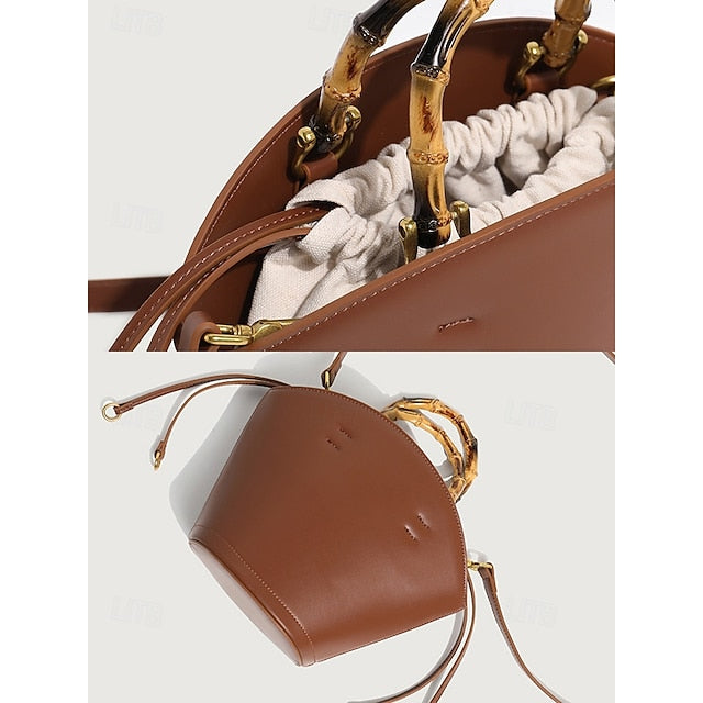 Brown Bamboo Leather Bucket Bag Handle with Women's