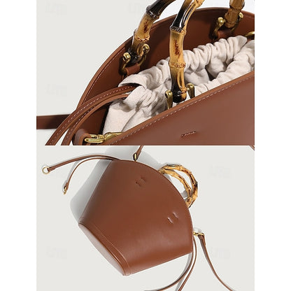 Brown Bamboo Leather Bucket Bag Handle with Women's