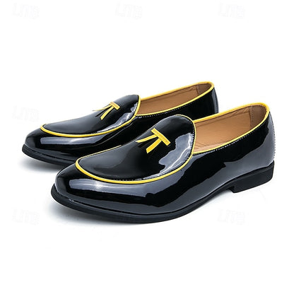 Leather Loafers Men's with Trim Yellow Patent Black Faux