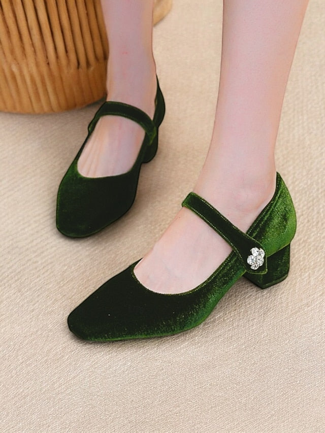 Mary Jane Toe Pumps Green Square - Block Velvet Women's