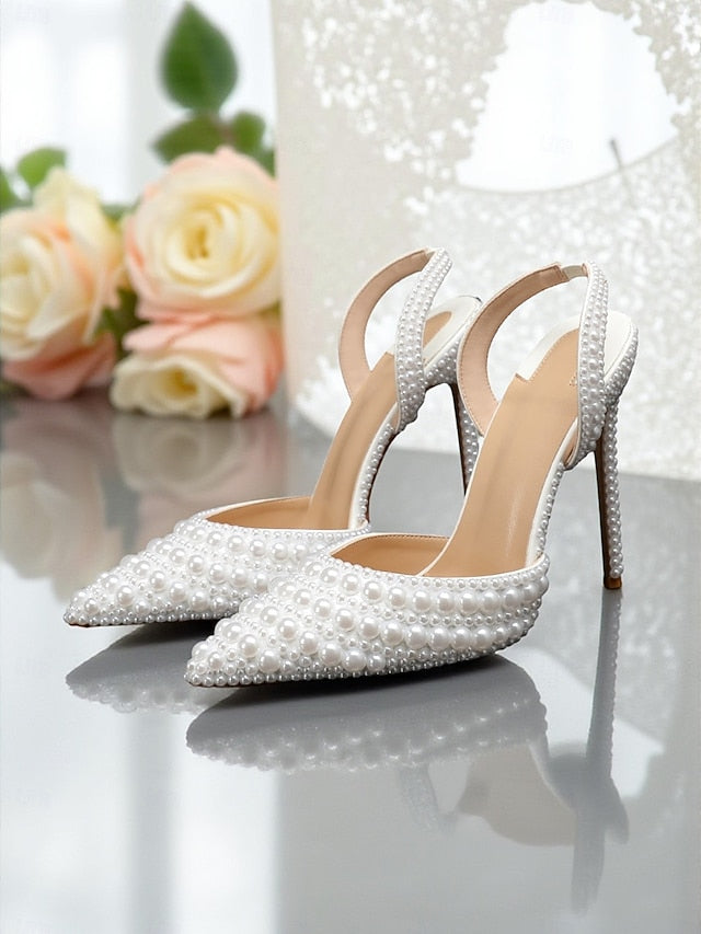 - Women's Pearl-Embellished Slingback Heels Leather White