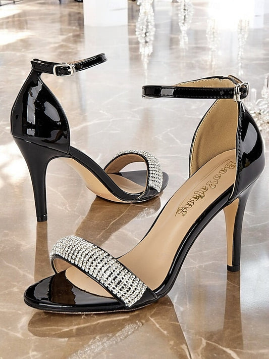Rhinestone Black Patent with Sandals Leather High Heel