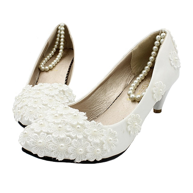 White Pearl Lace Wedding Floral Heels – Women's Decorated