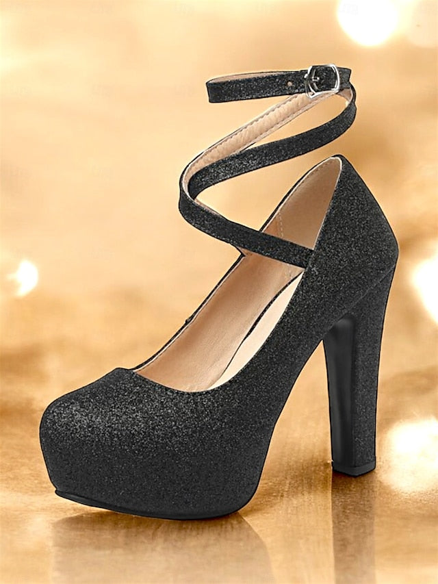 – Women's Heels Platform with Strap Pink Glitter Ankle