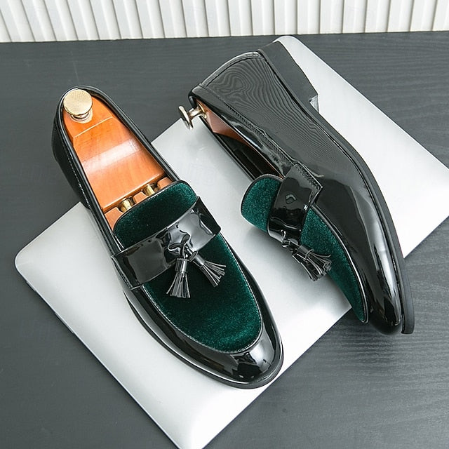 Velvet Leather – Loafers Men's Black Tassel Faux Patent