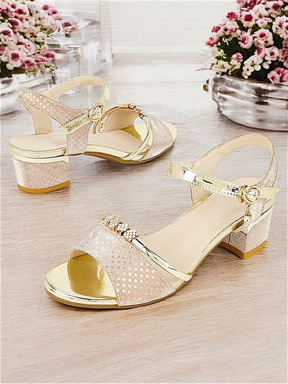 Gold Block for – Women Rhinestone-Embellished Heel Sandals