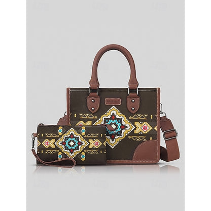 Women's Ethnic Set Faux Handbag and with Leather Canvas