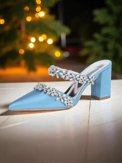 Heel Block Mules with Black Satin Floral Rhinestone Women's