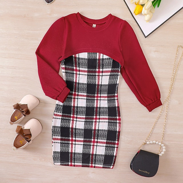 Girls' Block Color Kids Dress Set Pieces Long Suits 2