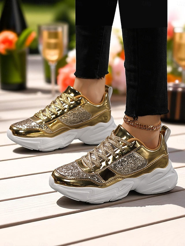 Chunky Glitter Sneakers Metallic with Platform Women's