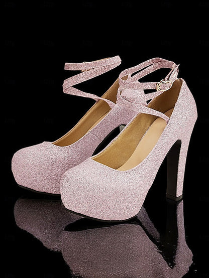 – Women's Heels Platform with Strap Pink Glitter Ankle